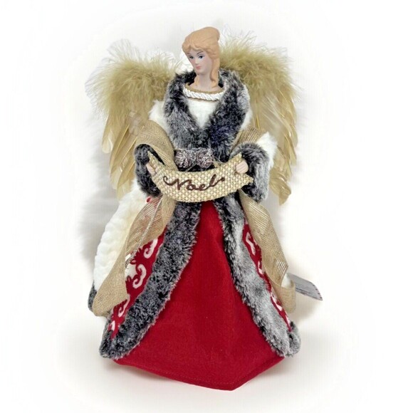 North Pole Trading Co Angel Tree Topper Noel Feather Wings Red Fur trim 13" Tall - Picture 1 of 8